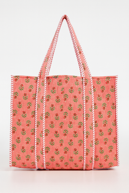 Pink field tote bag with green leaf print and striped handles by Erin Donahue Tice on Tampa Home & Garden Store