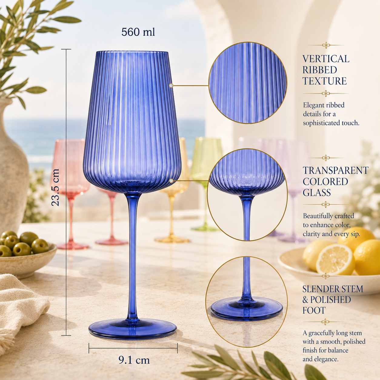 Rhea Ribbed Stemmed Wine Glasses Set of 6