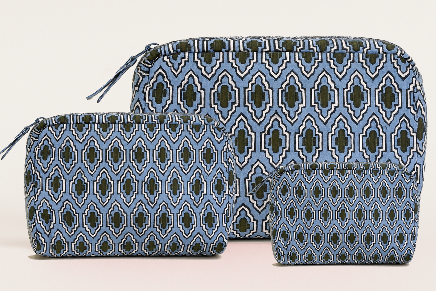Blue Haze Cosmetic Bag tote set of 3 in blue ikat by Erin Donahue Tice on Tampa Home & Garden Store