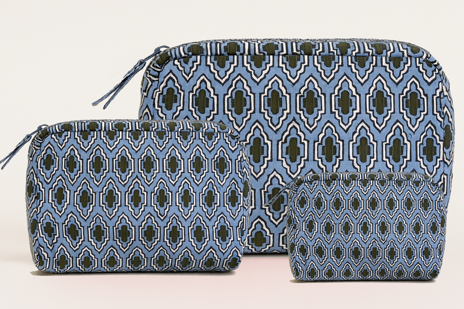 Blue Haze Cosmetic Bag tote set of 3 in blue ikat by Erin Donahue Tice on Tampa Home & Garden Store