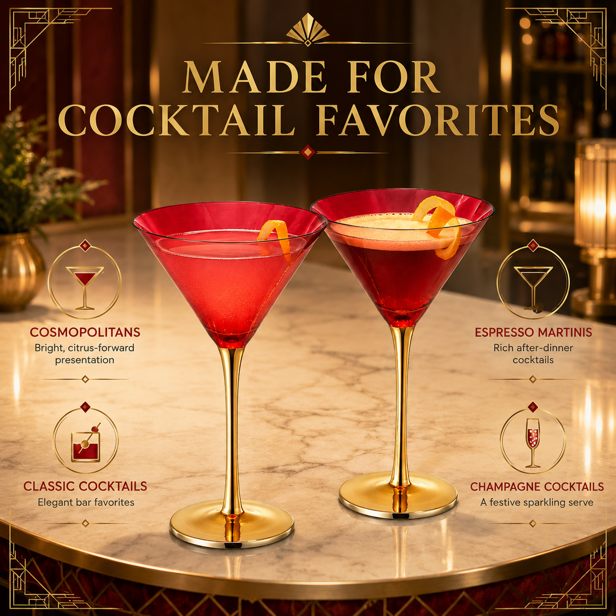 Set Of Two Deco Martini Cocktail Glassware