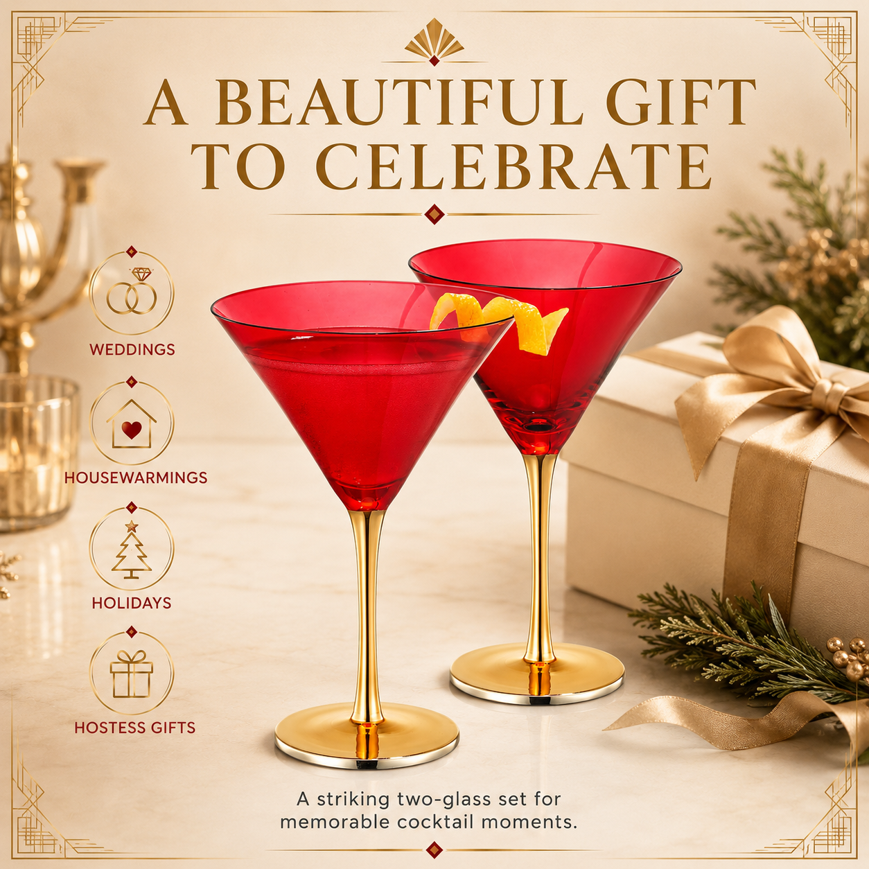 Set Of Two Deco Martini Cocktail Glassware