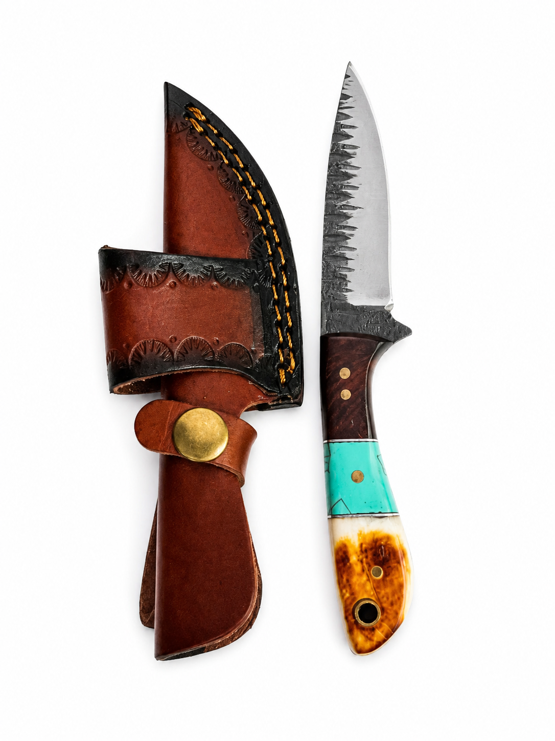 Frontier Turquoise Hunter fixed blade knife with horn handle and brass pins, leather sheath on Tampa Home & Garden Store