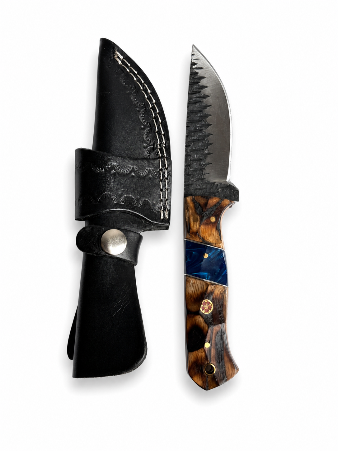 Midnight Ridge Forge Hunter TKT-18 fixed blade knife with hammered blade and wood handle on Tampa Home & Garden Store