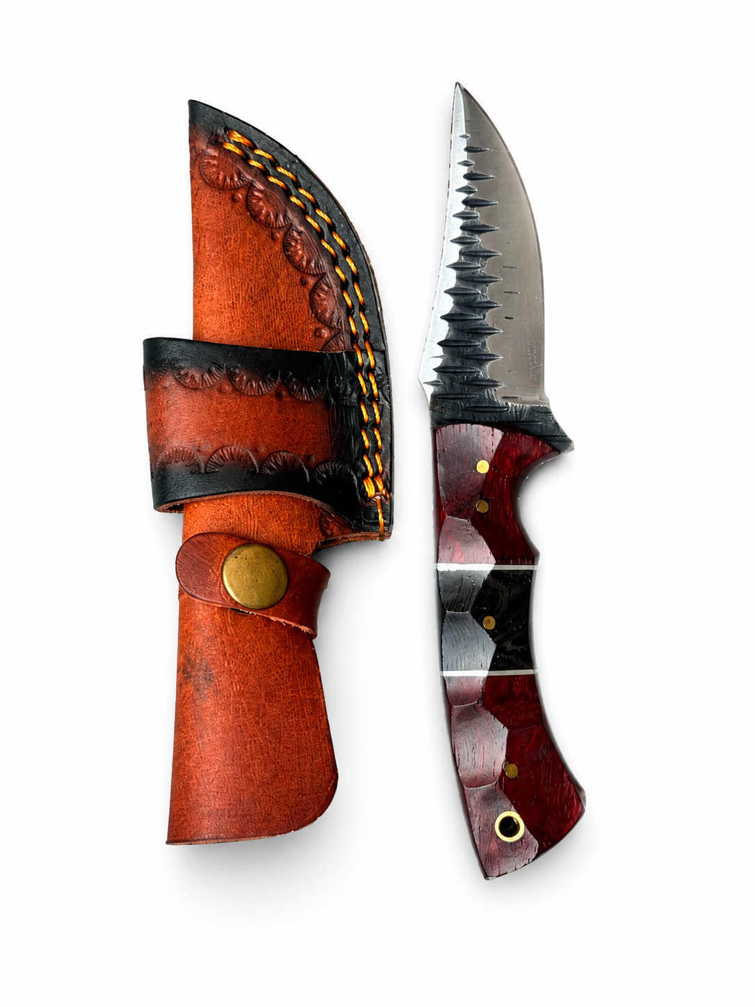 Frontier Iron Ridge hunter knife fixed blade red-brown wood handle brass pins leather sheath on Tampa Home & Garden Store