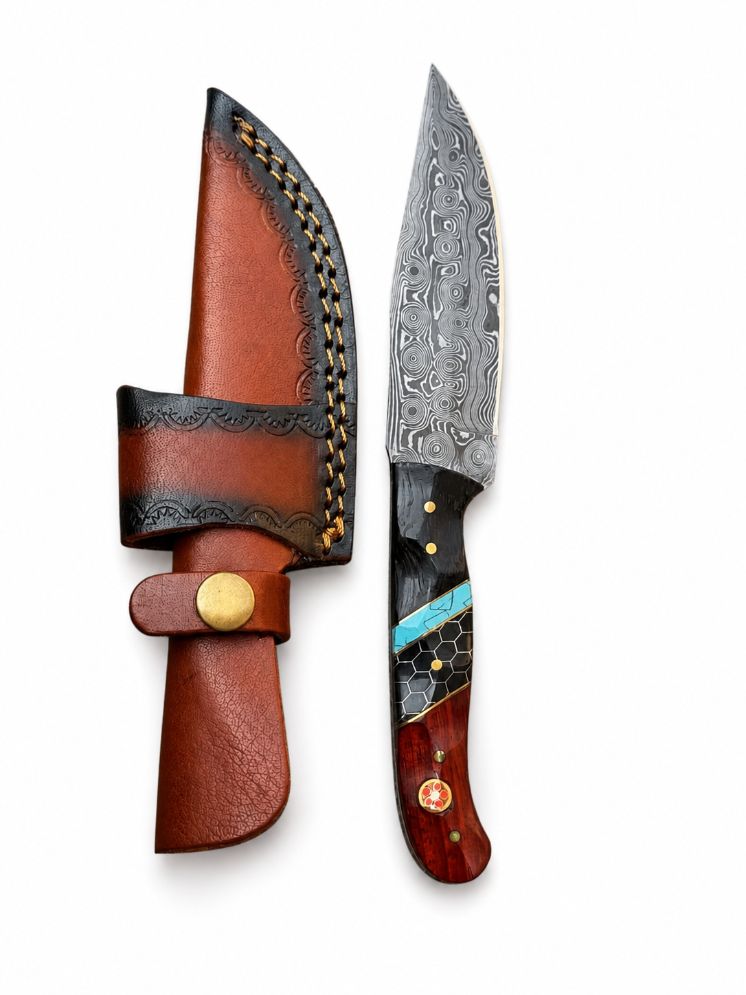 Blue Ember TKT-31 Damascus hunter knife with Damascus blade and turquoise handle; leather sheath on Tampa Home & Garden Store