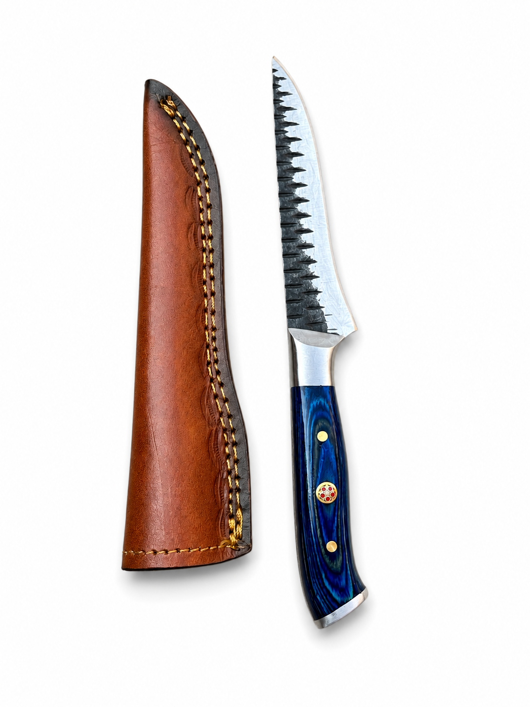 Blue Harbor Artisan Steak Knife TKT-34 blue resin handle and leather sheath with textured blade on Tampa Home & Garden Store