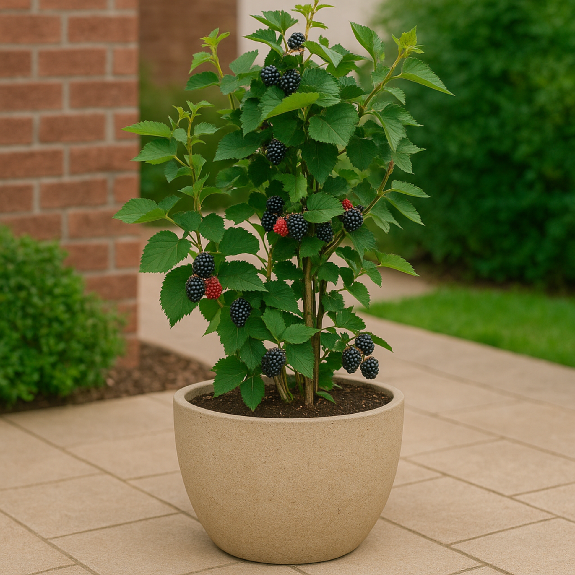 Thornless Blackberry Bush plant in a beige patio pot with ripe blackberries outdoors on Tampa Home & Garden Store