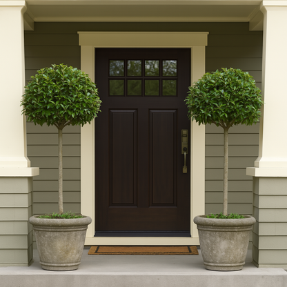 Two English Laurel Topiary (Single Ball) plants in large stone pots flanking a dark front door on Tampa Home & Garden Store