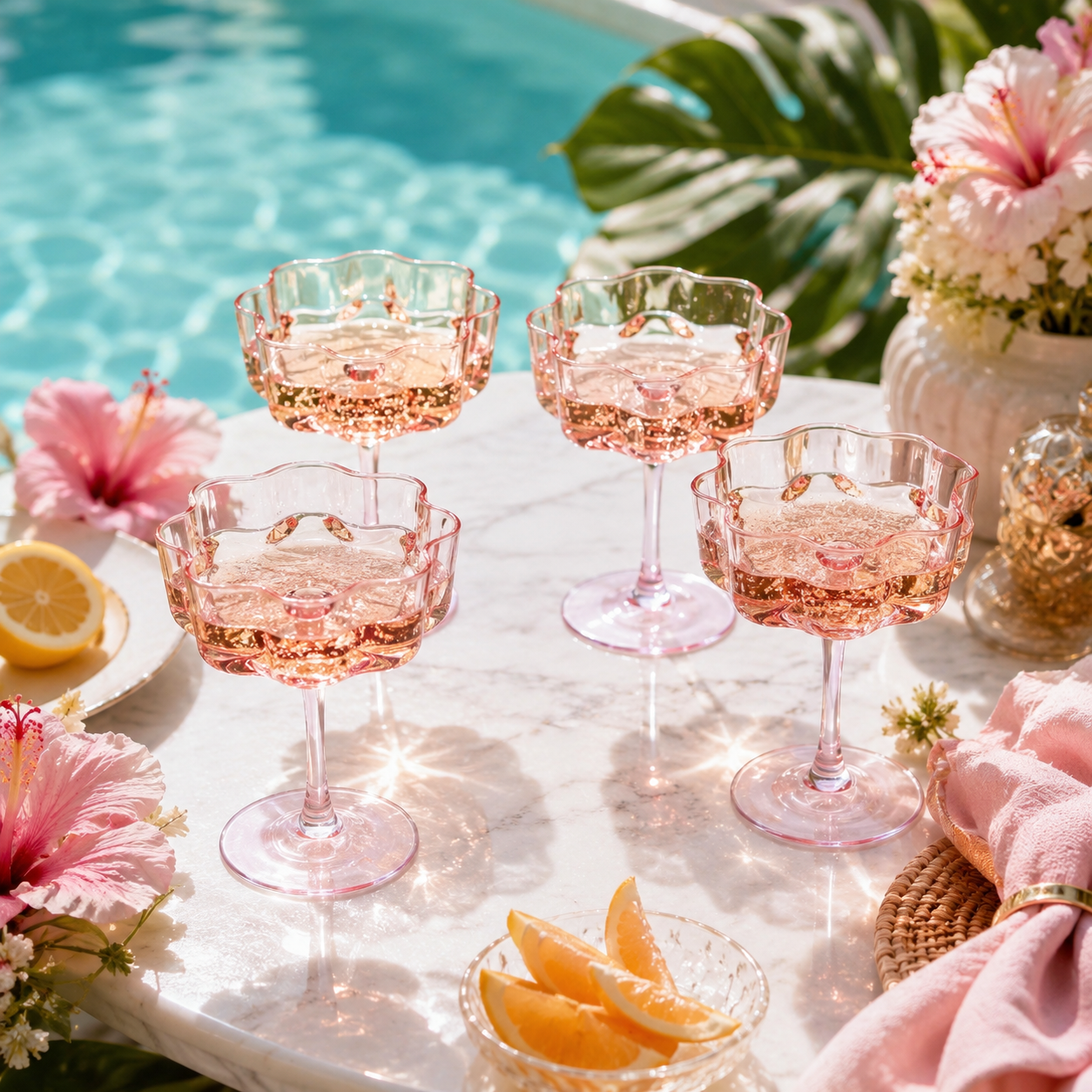 Pink Wave Glass Coupe Cocktail Set of Four