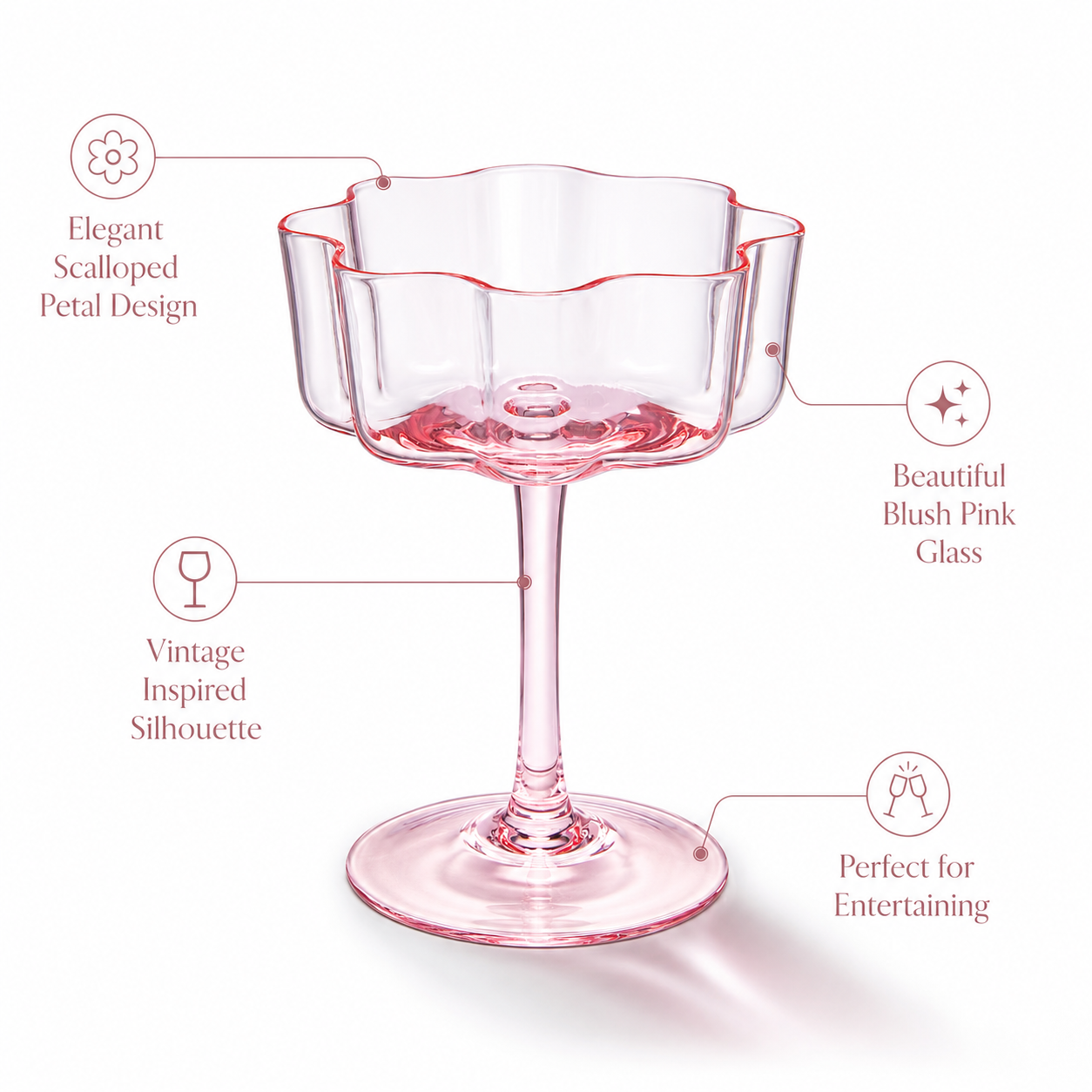 Pink Wave Glass Coupe Cocktail Set of Four