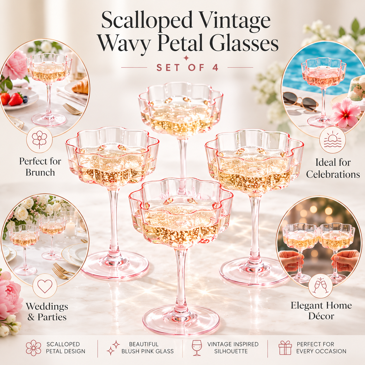 Pink Wave Glass Coupe Cocktail Set of Four