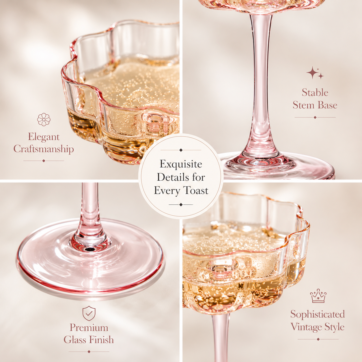 Pink Wave Glass Coupe Cocktail Set of Four