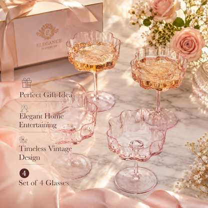 Pink Wave Glass Coupe Cocktail Set of Four