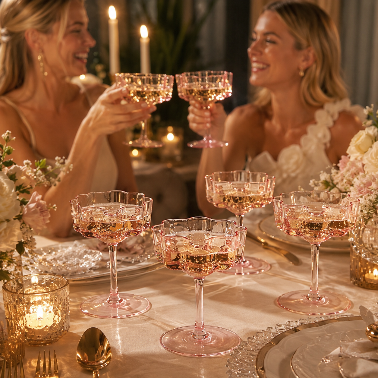 Pink Wave Glass Coupe Cocktail Set of Four