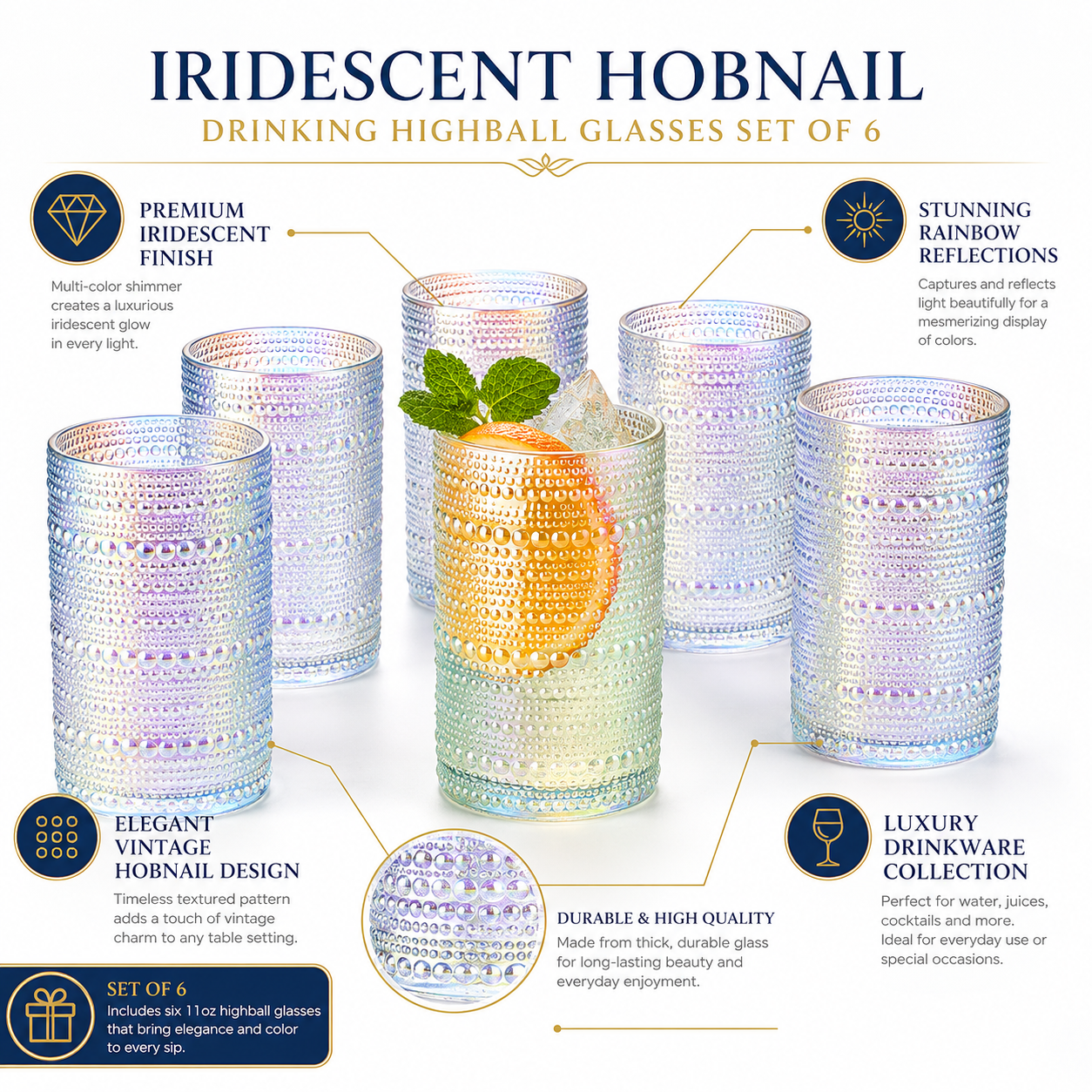 Vintage Hobnail Highball Tumbler Set of Six