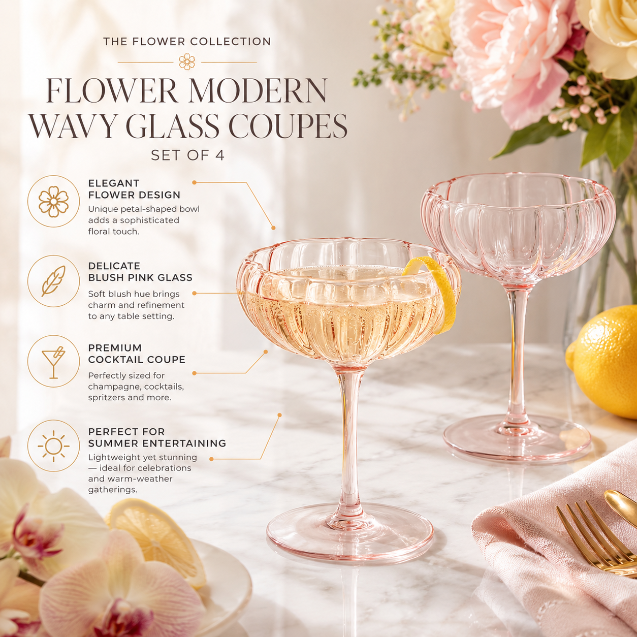 Flower Wave Champagne Coupe Glassware Set of 4