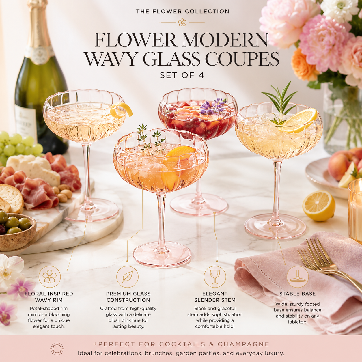 Flower Wave Champagne Coupe Glassware Set of 4