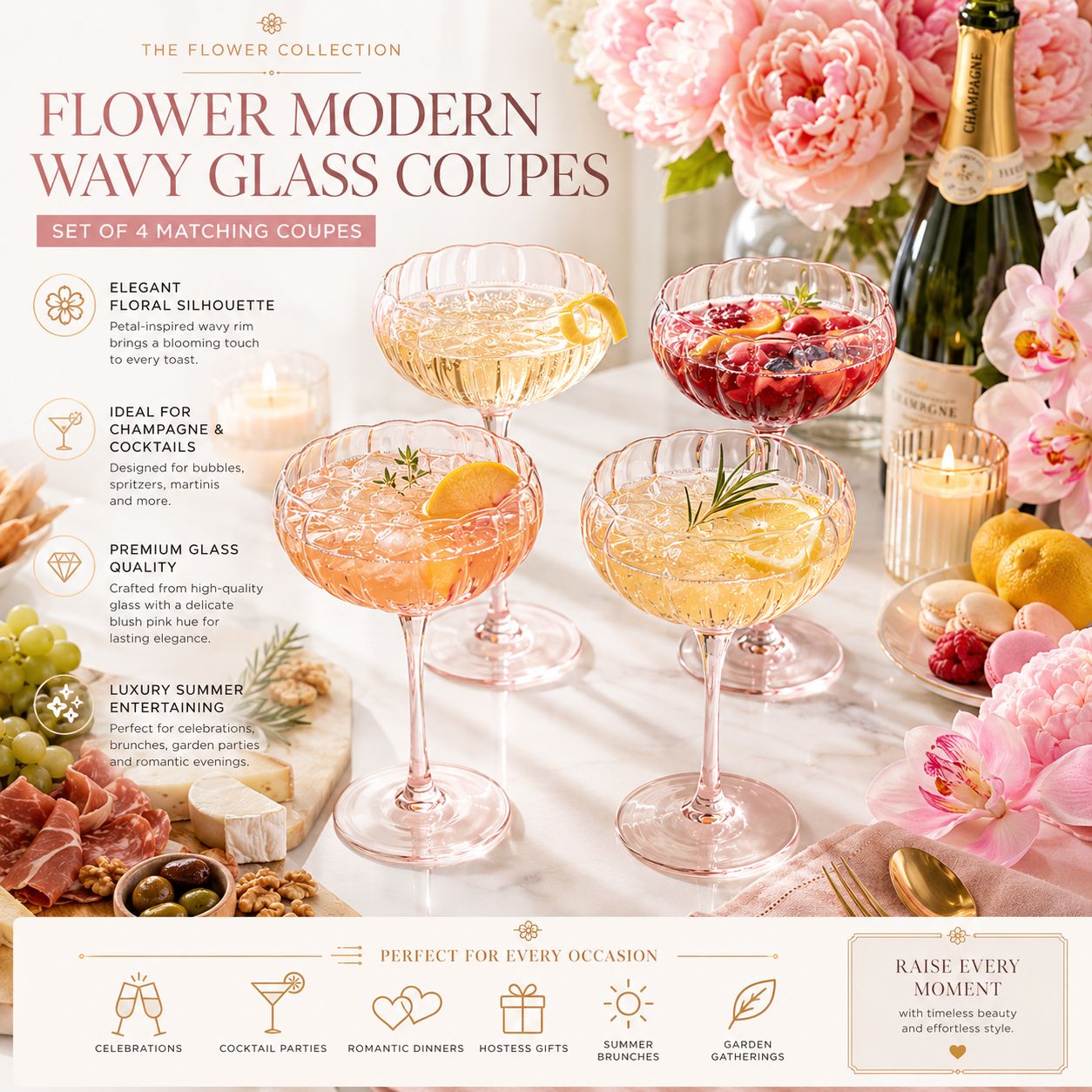 Flower Wave Champagne Coupe Glassware Set of 4