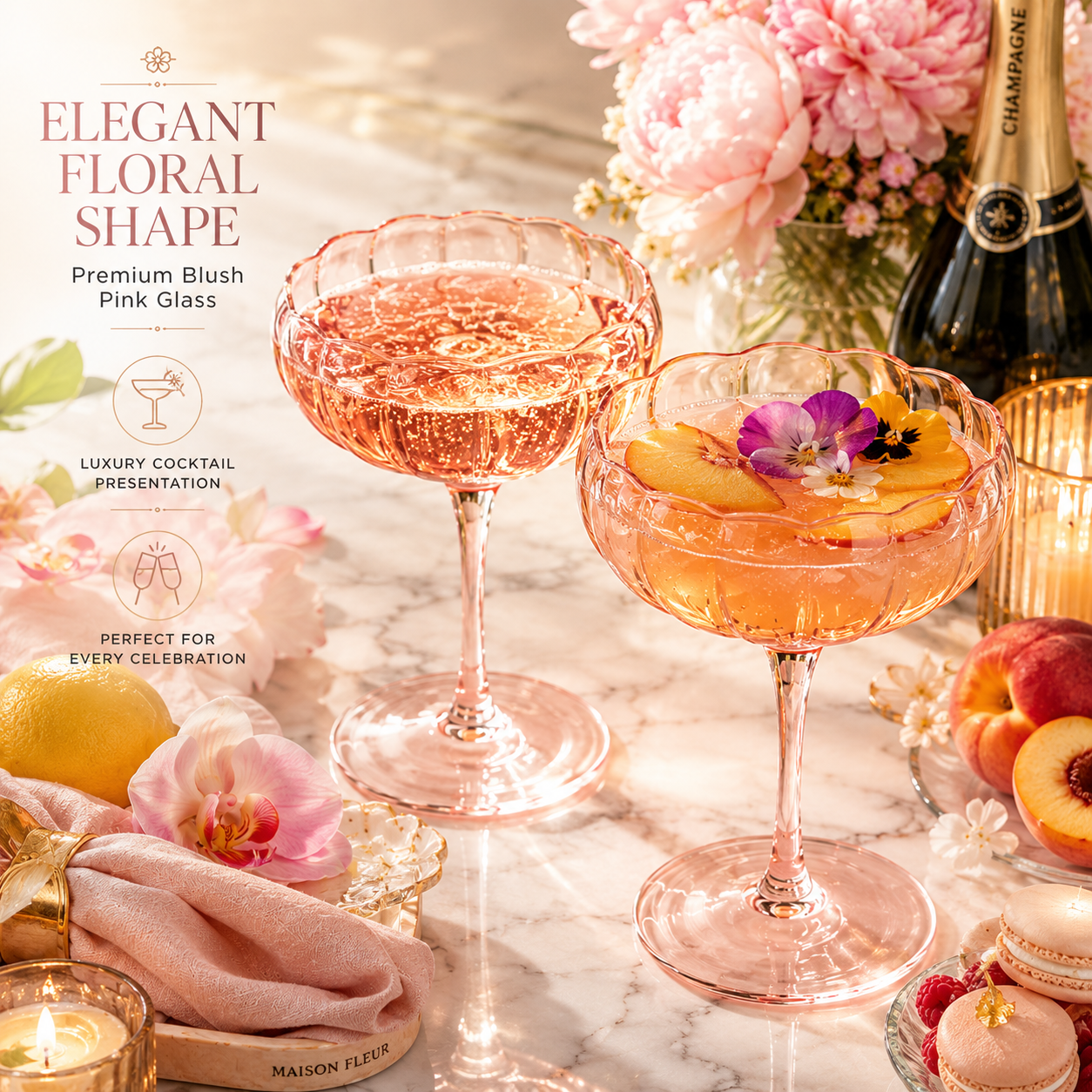 Flower Wave Champagne Coupe Glassware Set of 4