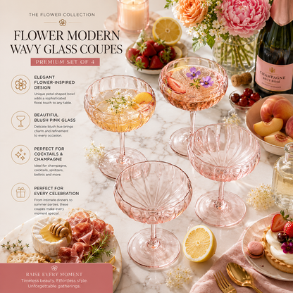 Flower Wave Champagne Coupe Glassware Set of 4