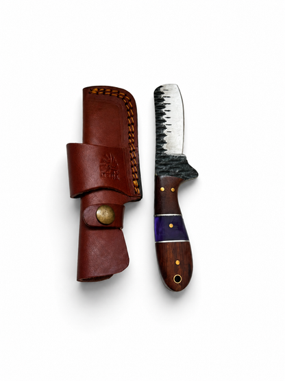 Titan Purple Ridge Skinner knife with textured blade and purple wood handle leather sheath on Tampa Home & Garden Store