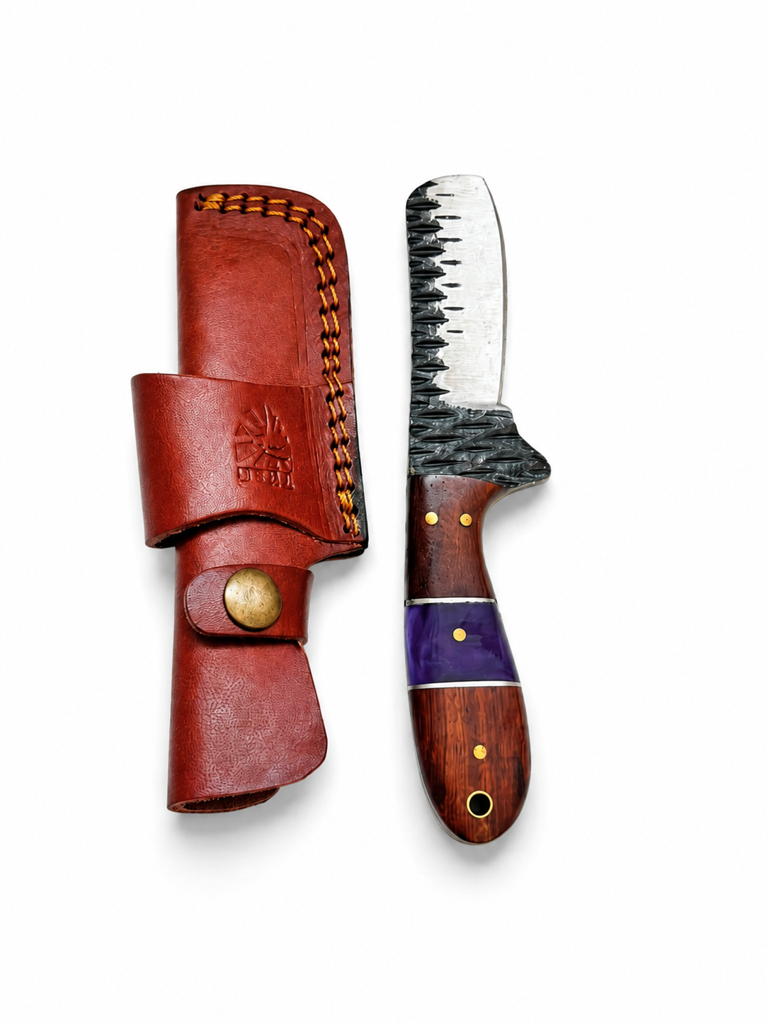 Titan Purple Ridge Skinner knife with textured blade and purple grip, red leather sheath on Tampa Home & Garden Store