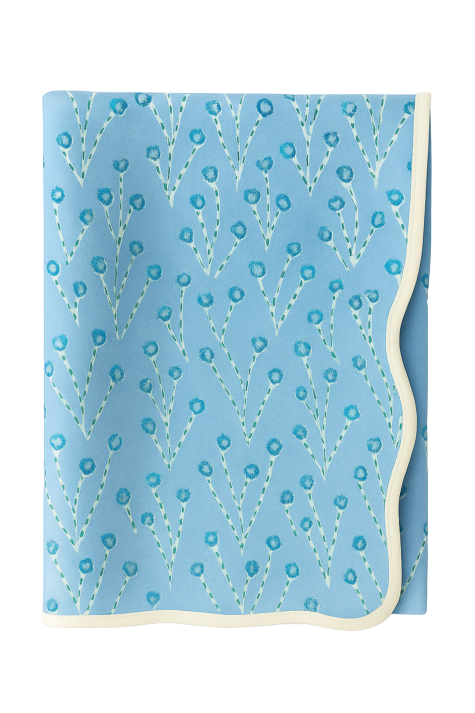 Capri Blue Fleurs tablecloth in blue with white-green floral stems, cream edge trim on Tampa Home & Garden Store