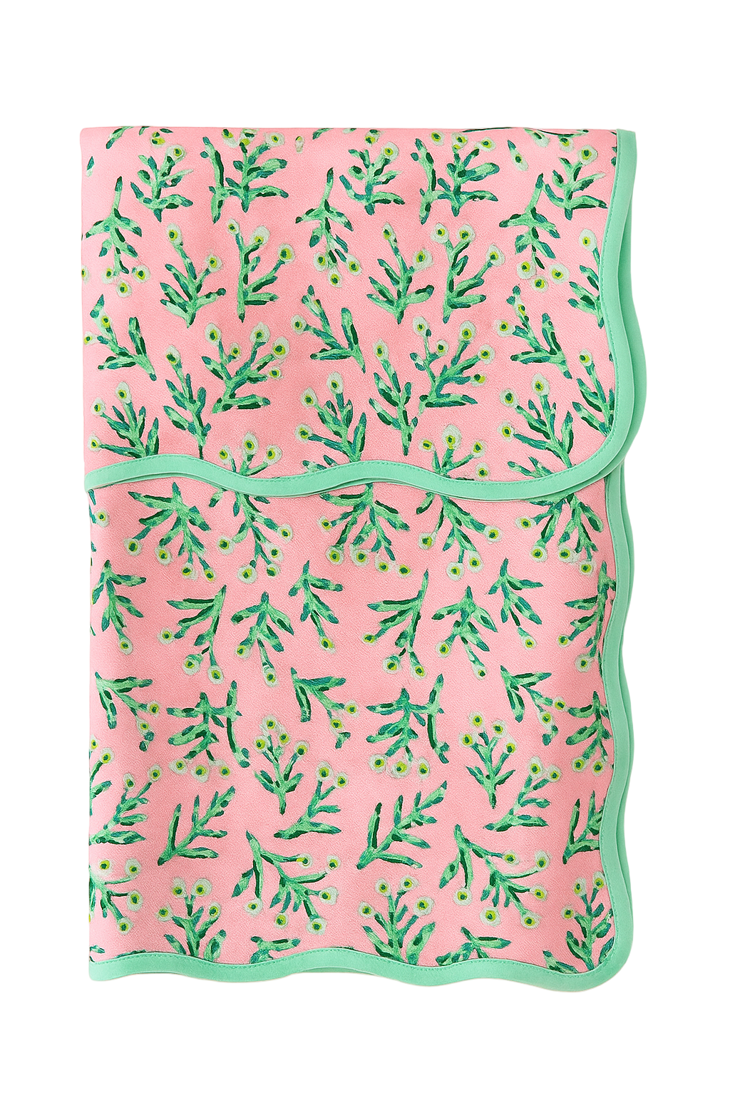 Tablecloth Tulip Pink Sydney by Erin Donahue Tice with mint green trim and leafy pattern on Tampa Home & Garden Store