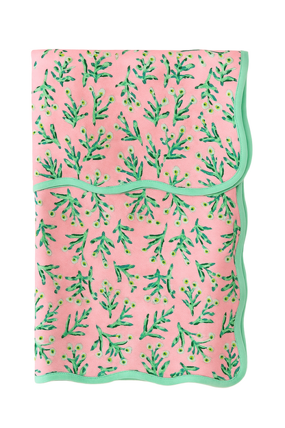 Tablecloth Tulip Pink Sydney by Erin Donahue Tice with mint green trim and leafy pattern on Tampa Home & Garden Store
