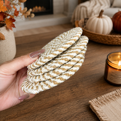 Fall Fabric Coasters Gia Roma, round braided jute and cotton in cream and tan on Tampa Home & Garden Store