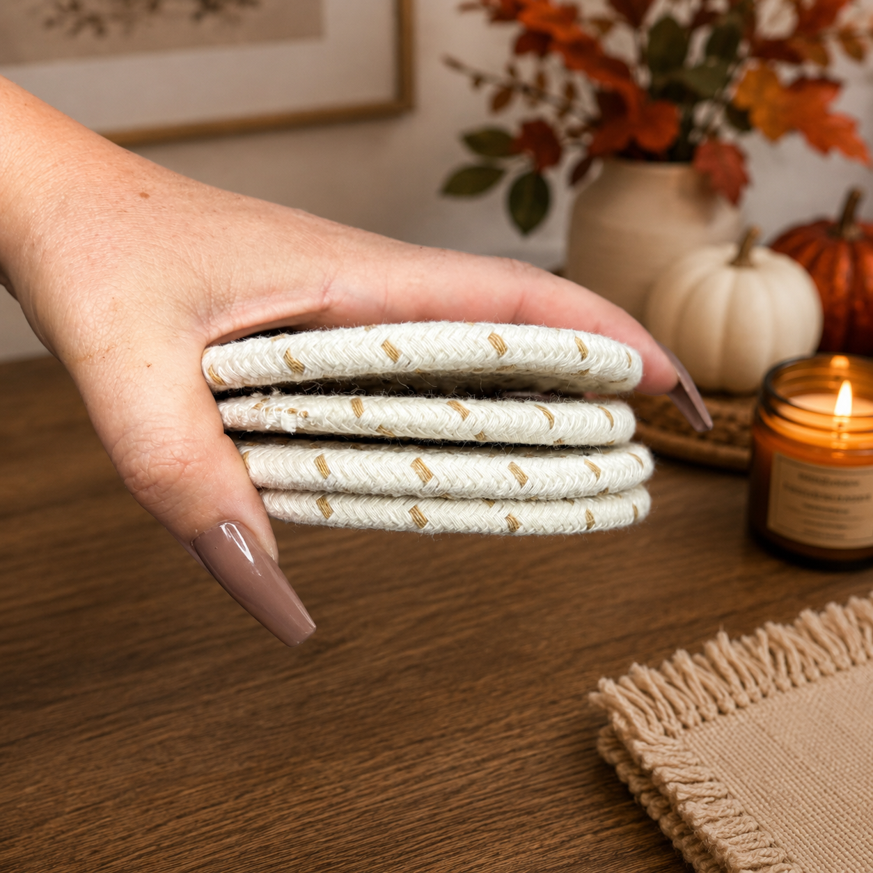 Fall Fabric Coasters by Gia Roma, round white woven coasters with gold thread accents, set of 4