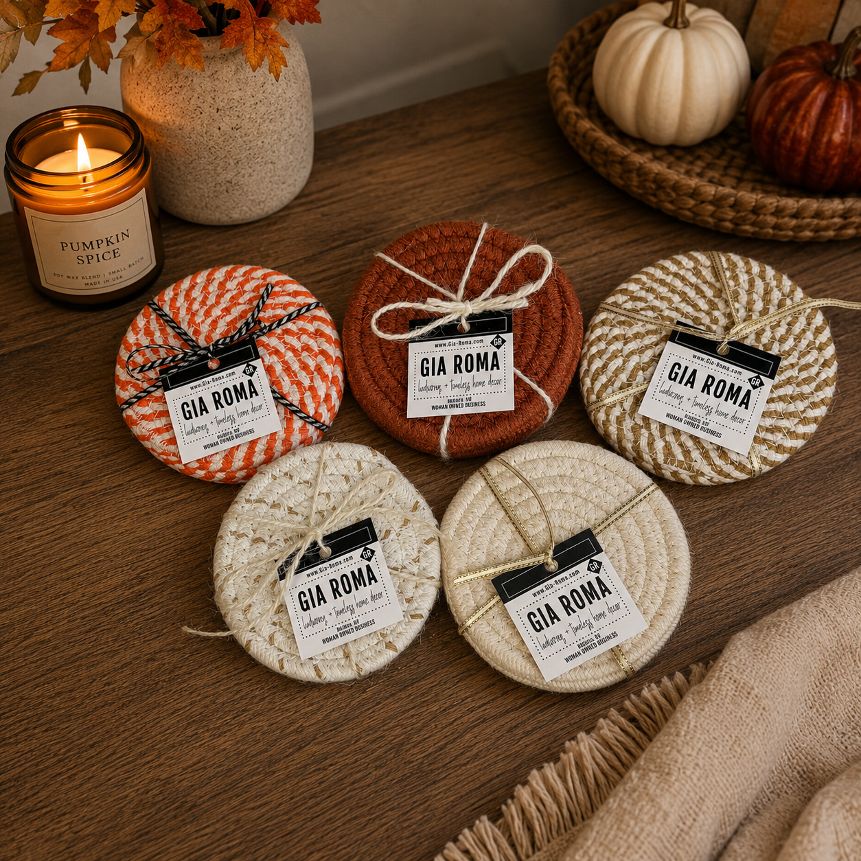 Fall fabric coasters Gia Roma set of 6, round braided textiles in orange, rust and beige on Tampa Home & Garden Store