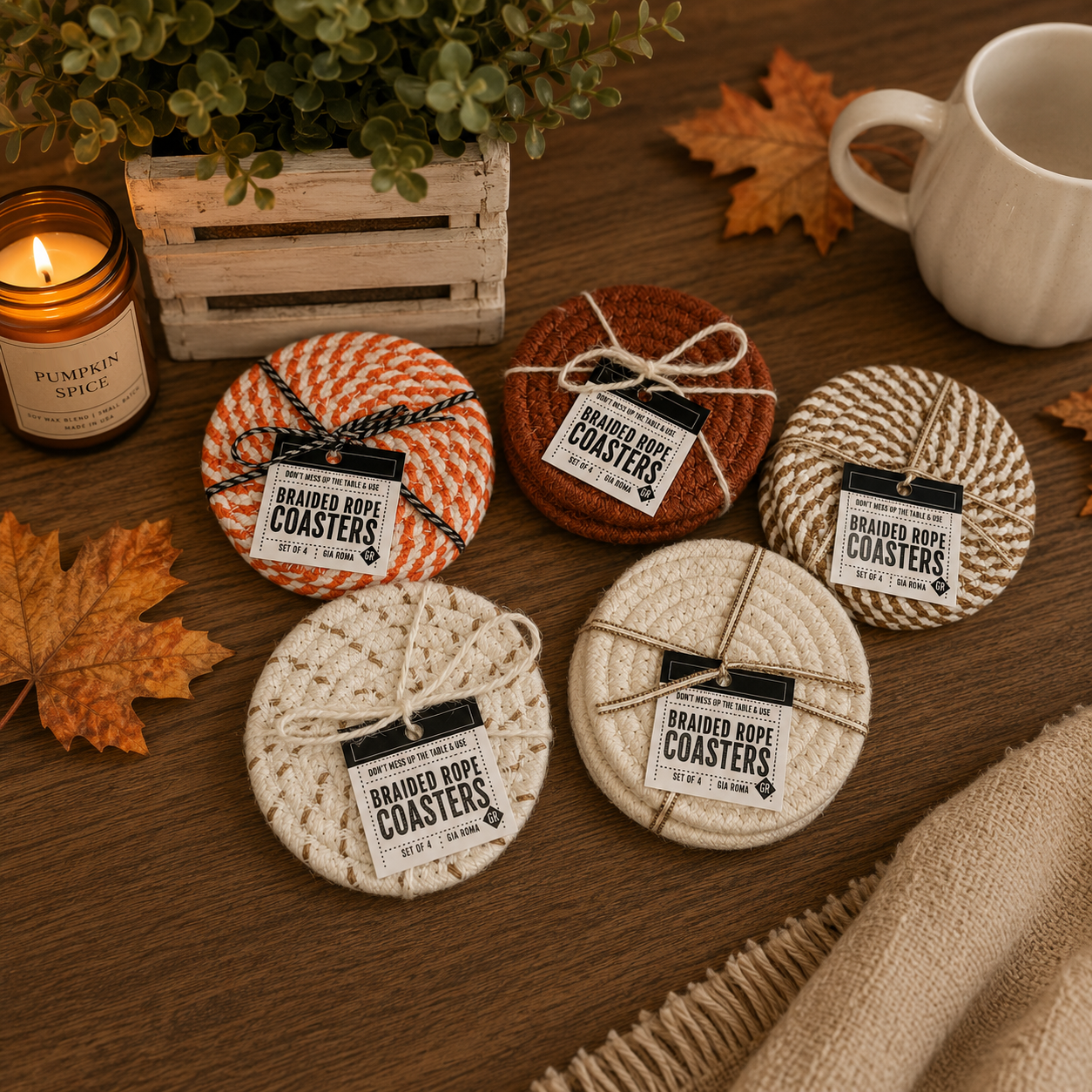 Fall Fabric Coasters set of 6 braided rope coasters in orange tan and cream Gia Roma on Tampa Home & Garden Store