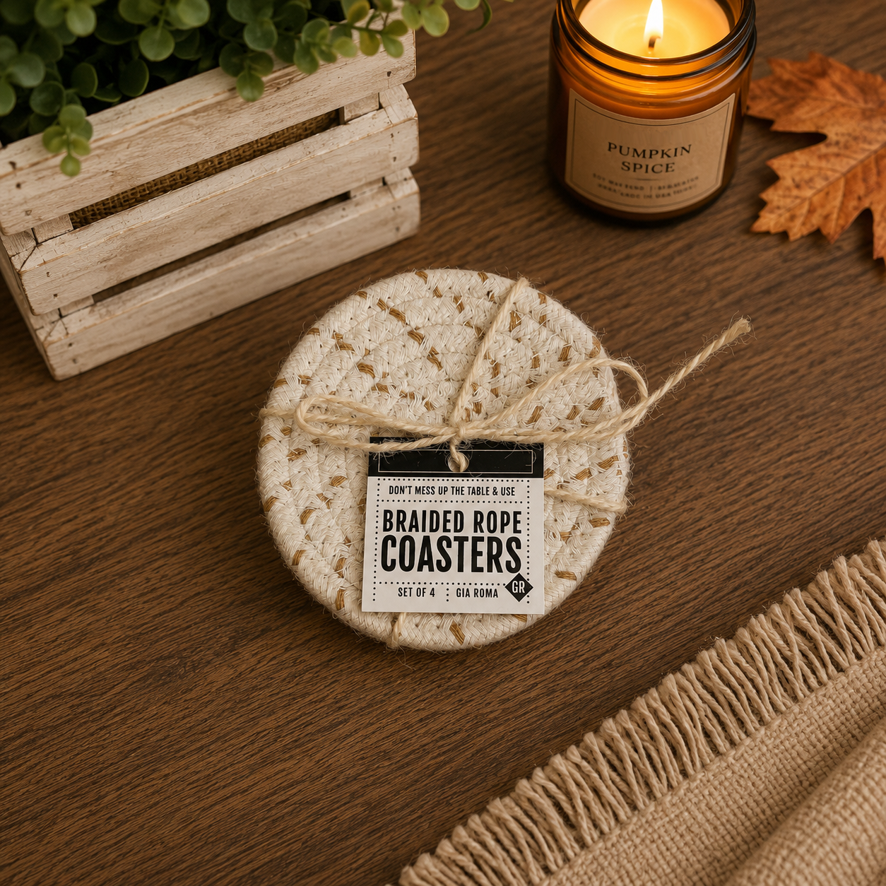 Braided rope coasters set of 4 in natural beige by Gia Roma on Tampa Home & Garden Store