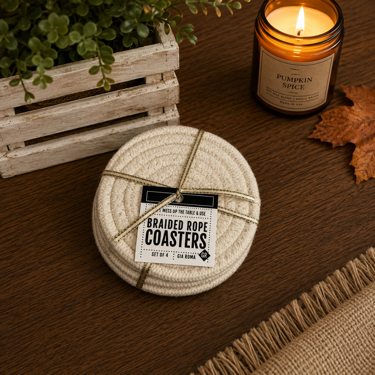 Fall Fabric Coasters by Gia Roma set of 4 braided rope coasters natural beige on Tampa Home & Garden Store
