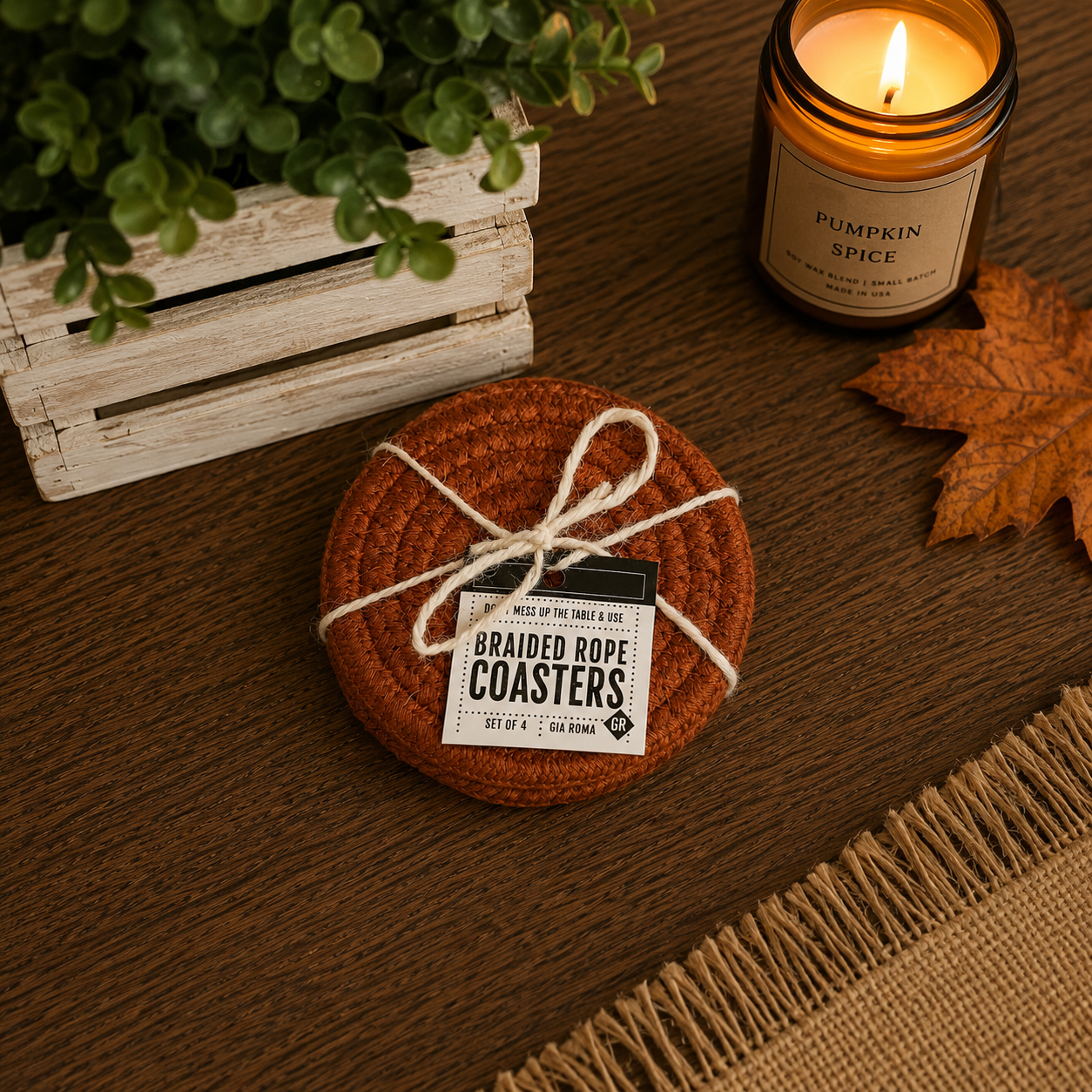 Fall Fabric Coasters, braided rope, orange-brown with white twine bow, Gia Roma set of 4 on Tampa Home & Garden Store