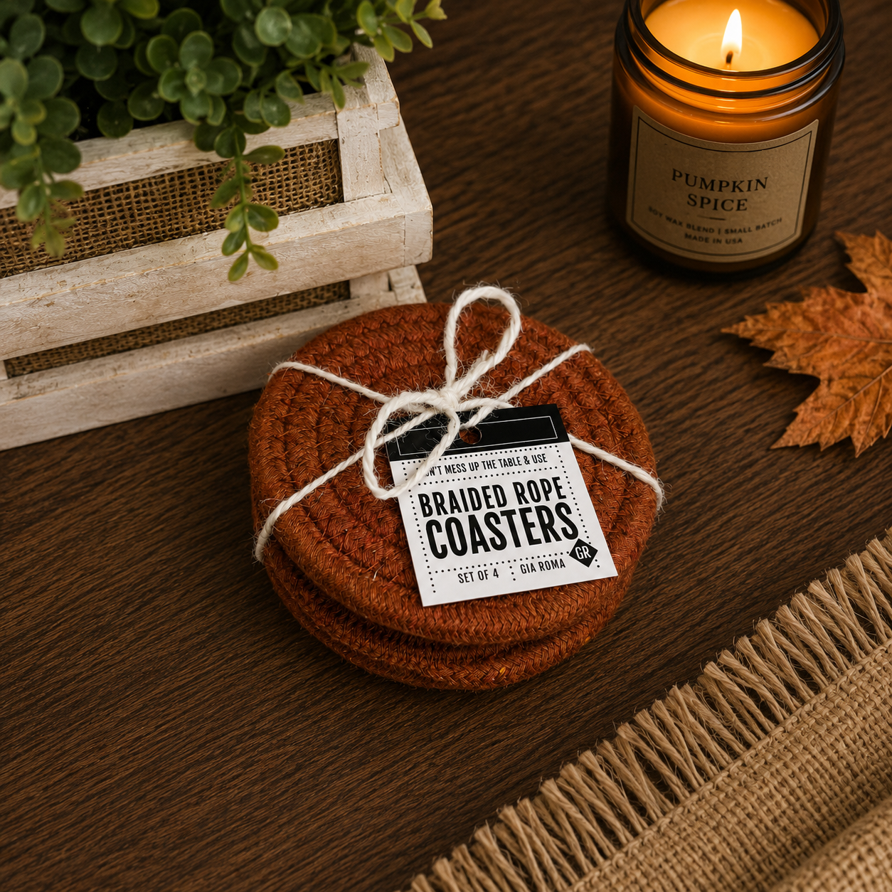 Fall Fabric Coasters braided rope set of 4 Gia Roma rust-brown round coasters on Tampa Home & Garden Store