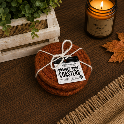 Fall Fabric Coasters braided rope set of 4 Gia Roma rust-brown round coasters on Tampa Home & Garden Store