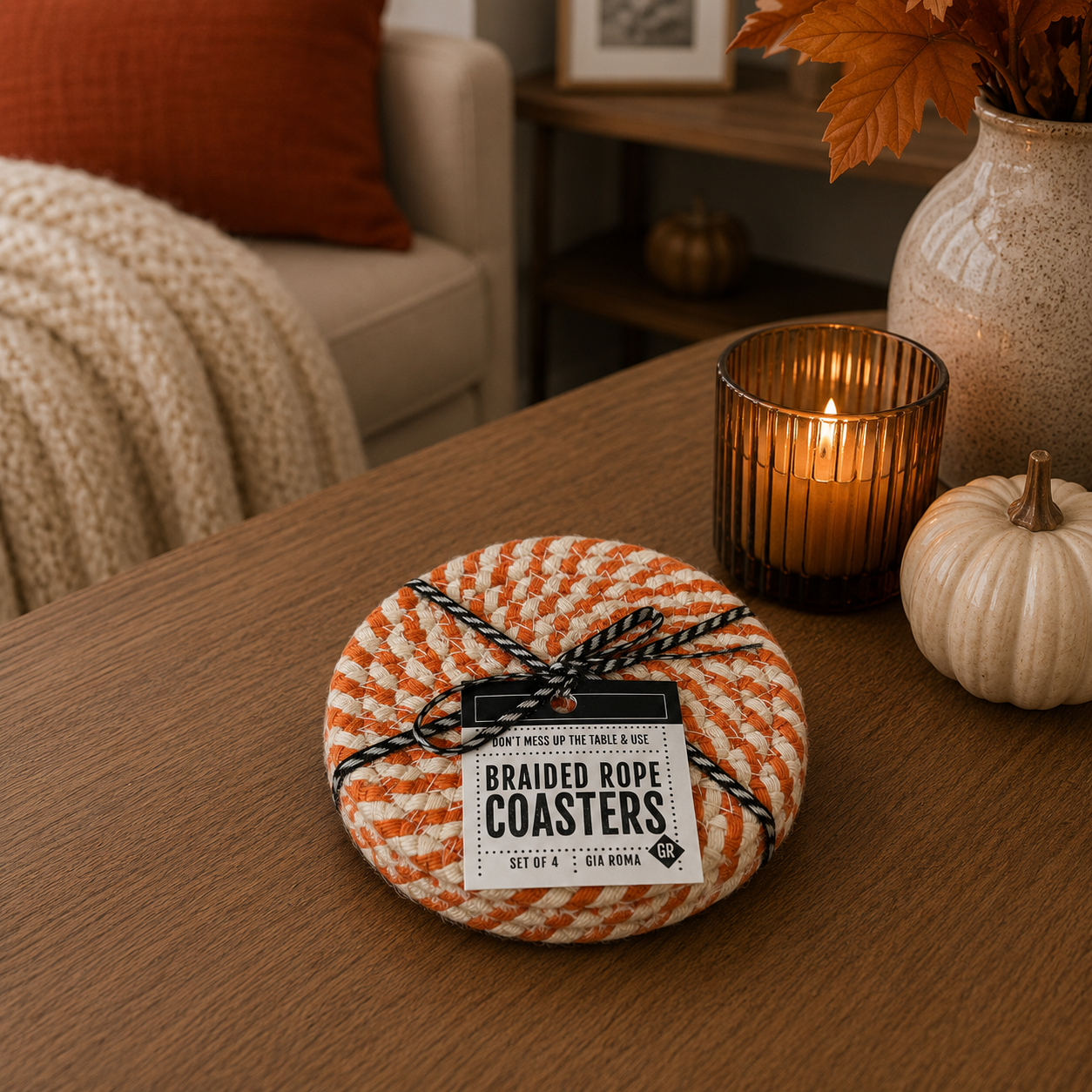 Braided rope coasters orange and white, round set of 4 by Gia Roma on Tampa Home & Garden Store