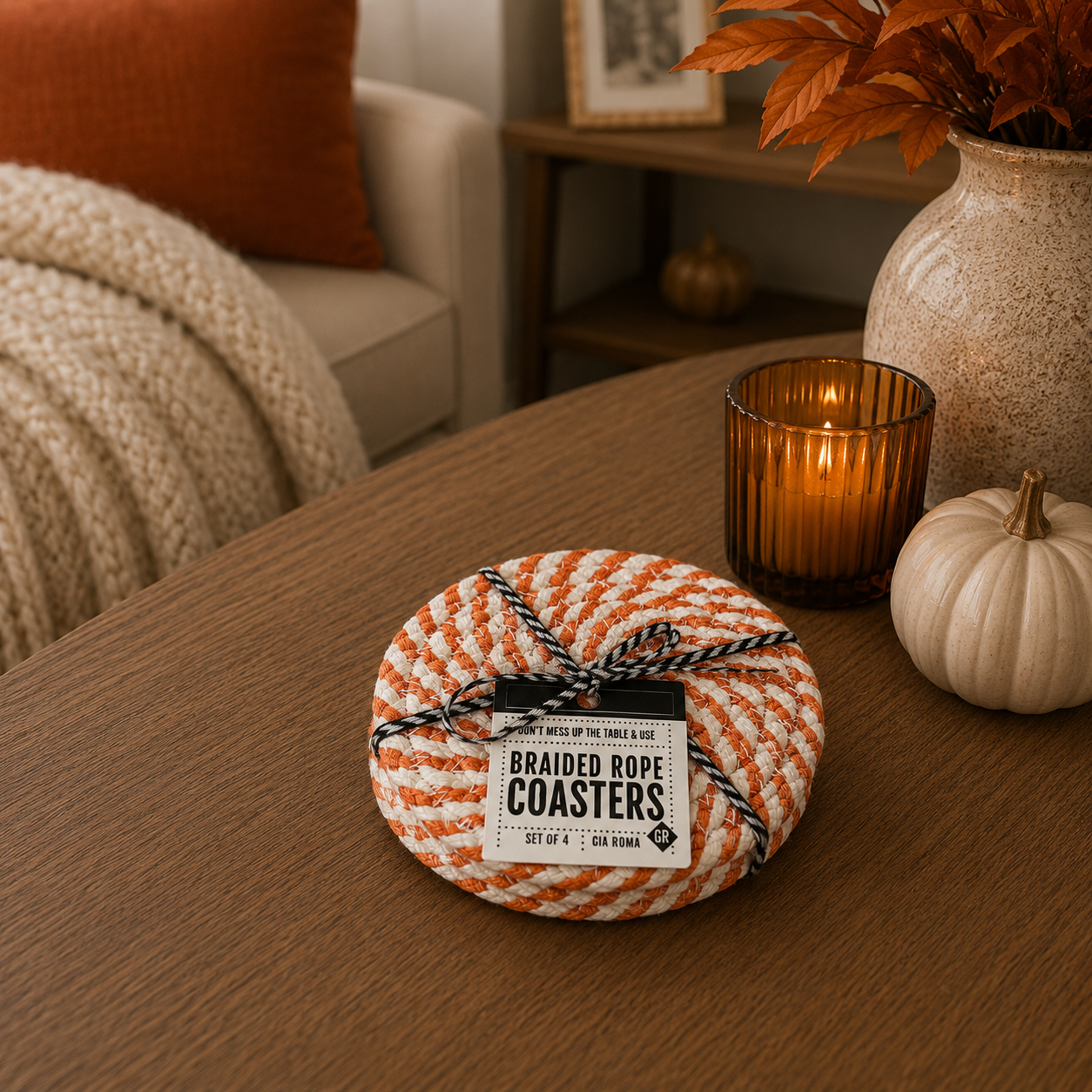 Braided rope coasters in orange and white by Gia Roma, set of 4 on Tampa Home & Garden Store