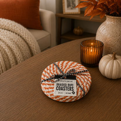 Braided rope coasters in orange and white by Gia Roma, set of 4 on Tampa Home & Garden Store