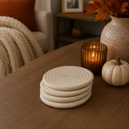 Fall Fabric Coasters Gia Roma, four braided cream weave coasters on wood table with decor on Tampa Home & Garden Store