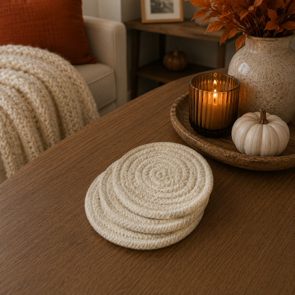 Fall Fabric Coasters Gia Roma; set of four cream braided coasters on table with autumn decor on Tampa Home & Garden Store