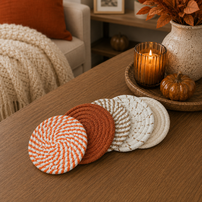 Gia Roma Fall Fabric Coasters set of five, orange, rust and ivory on wood on Tampa Home & Garden Store