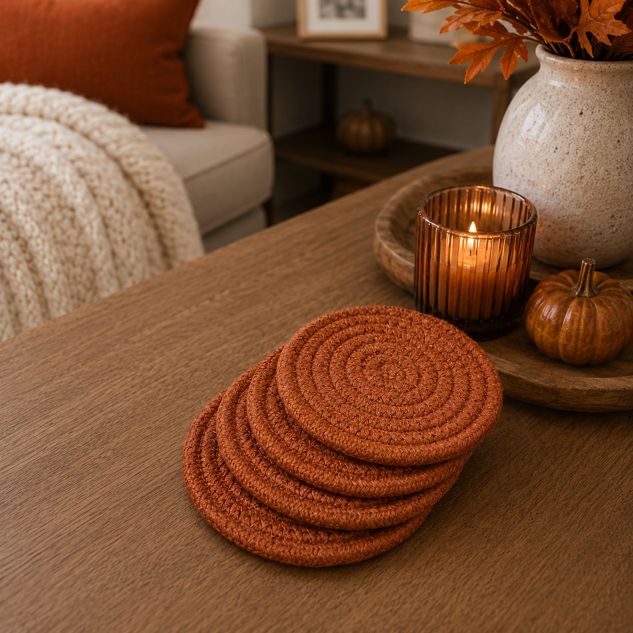 Fall Fabric Coasters Gia Roma, round woven rust-orange, set of 4 on Tampa Home & Garden Store