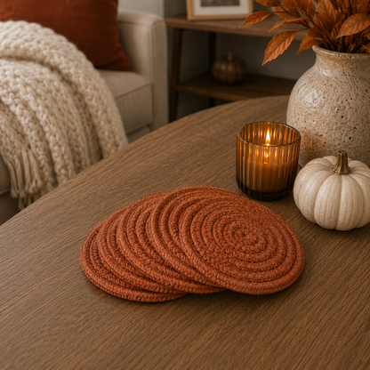 Fall Fabric Coasters Gia Roma, orange braided fabric set on wood table on Tampa Home & Garden Store
