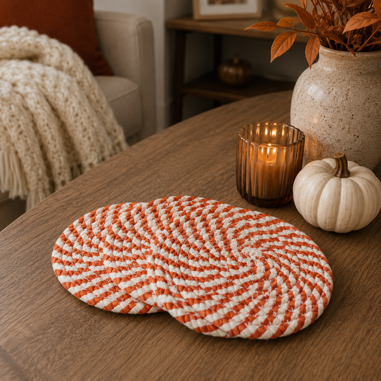 Fall Fabric Coasters Gia Roma, two orange and white braided round fabric coasters on wood table on Tampa Home & Garden Store