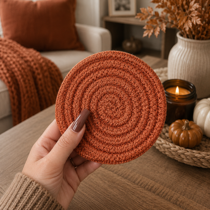 Fall Fabric Coasters rust-orange braided fabric round Gia Roma on Tampa Home & Garden Store