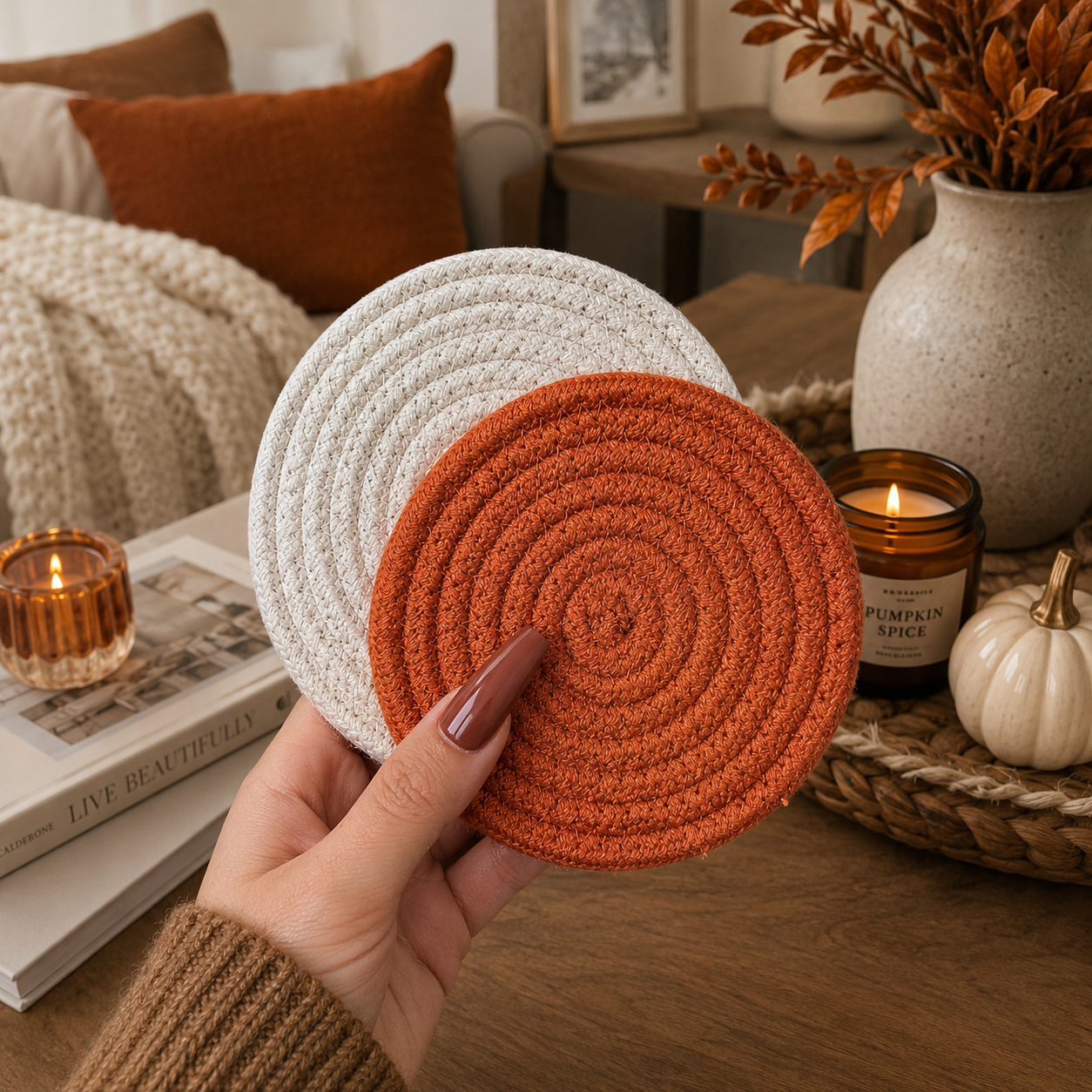 Gia Roma Fall Fabric Coasters, set of 2 round rust and ivory woven coasters on Tampa Home & Garden Store
